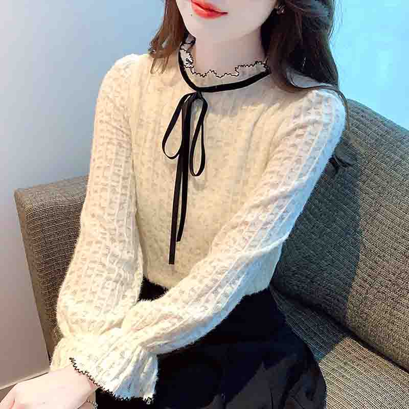 Fashion New 2024 Autumn Winter Long Sleeve Lace Up Ruffled Collar Apricot Velvet Lace Blouse Shirt Women Tops Blouses Shirts J760