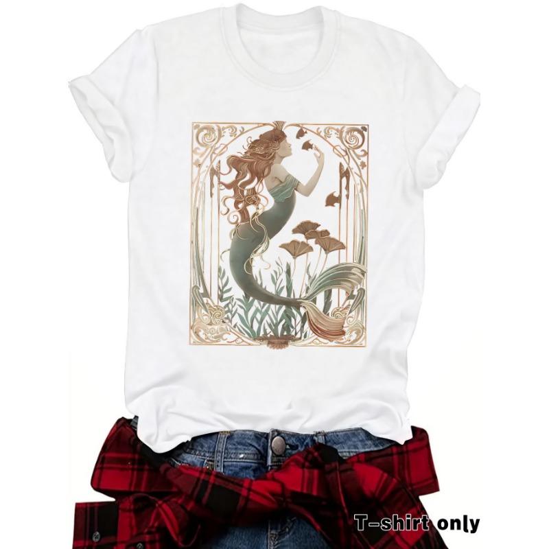 Women's Summer Casual T-shirt Mermaid Pattern Round Neck Short Sleeve Top