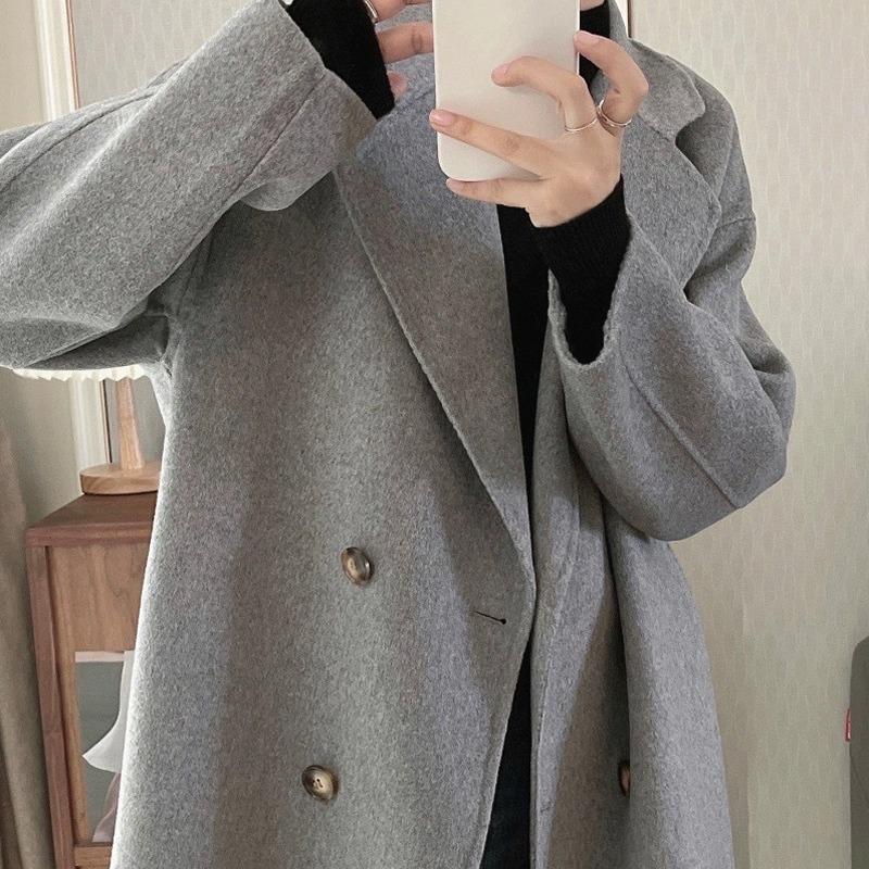Autumn and Winter Korean Style Long Hair Baby Camel Wool Double-sided Wool Coat Double-breasted Simple High-end Coat New Style for Women