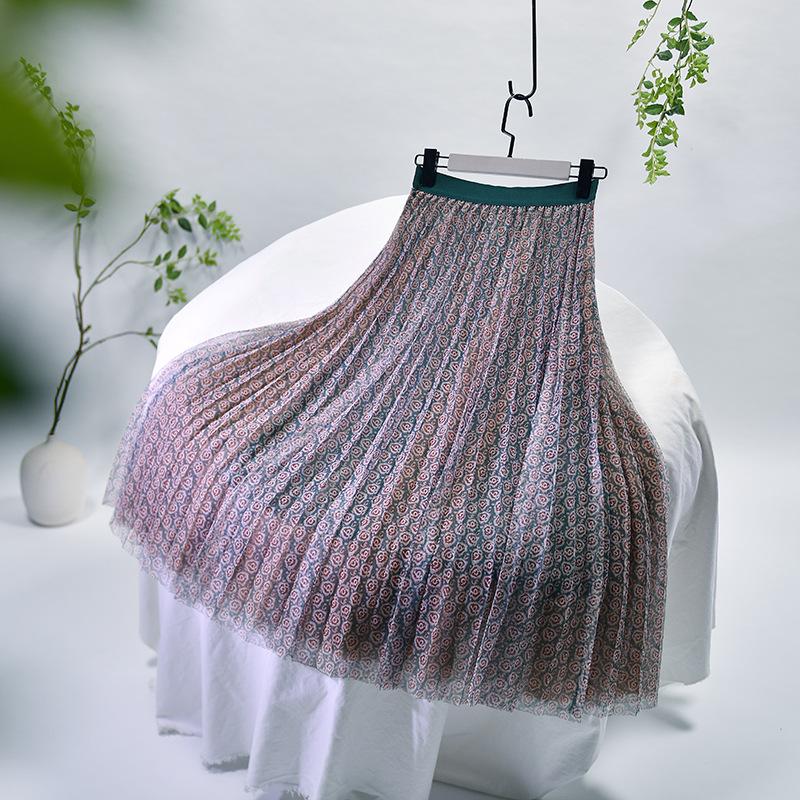 

Летняя новинка Юбка с цветочным принтом Юбка средней длины Плиссированная юбка Юбка с высокой талией Женская One Size лес зеленый