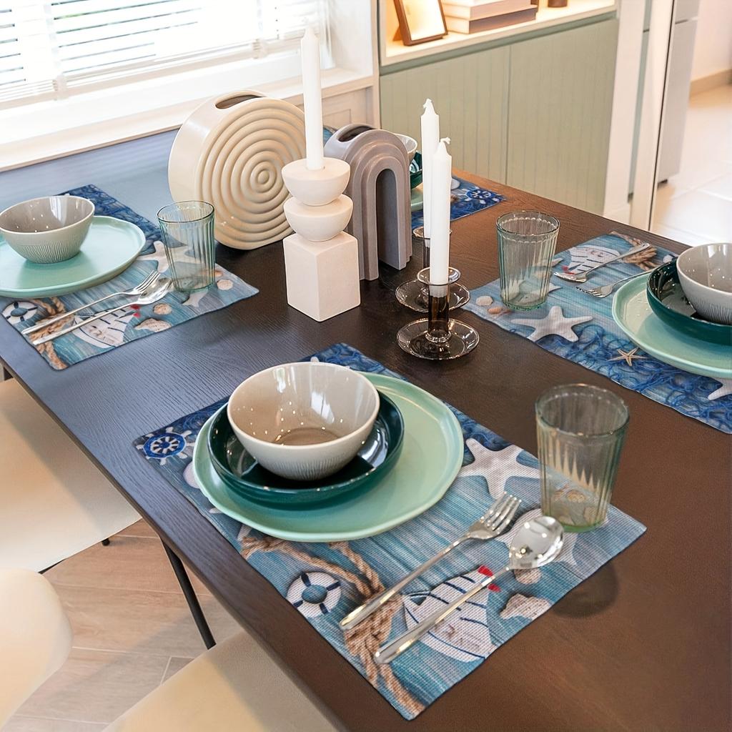 Blue Placemats Set of 4 Summer Nautical Theme Washable Placemat Kitchen Dining Heat-Resistant Starfish Shell Fishnet Place Mats Desktop Decor Table