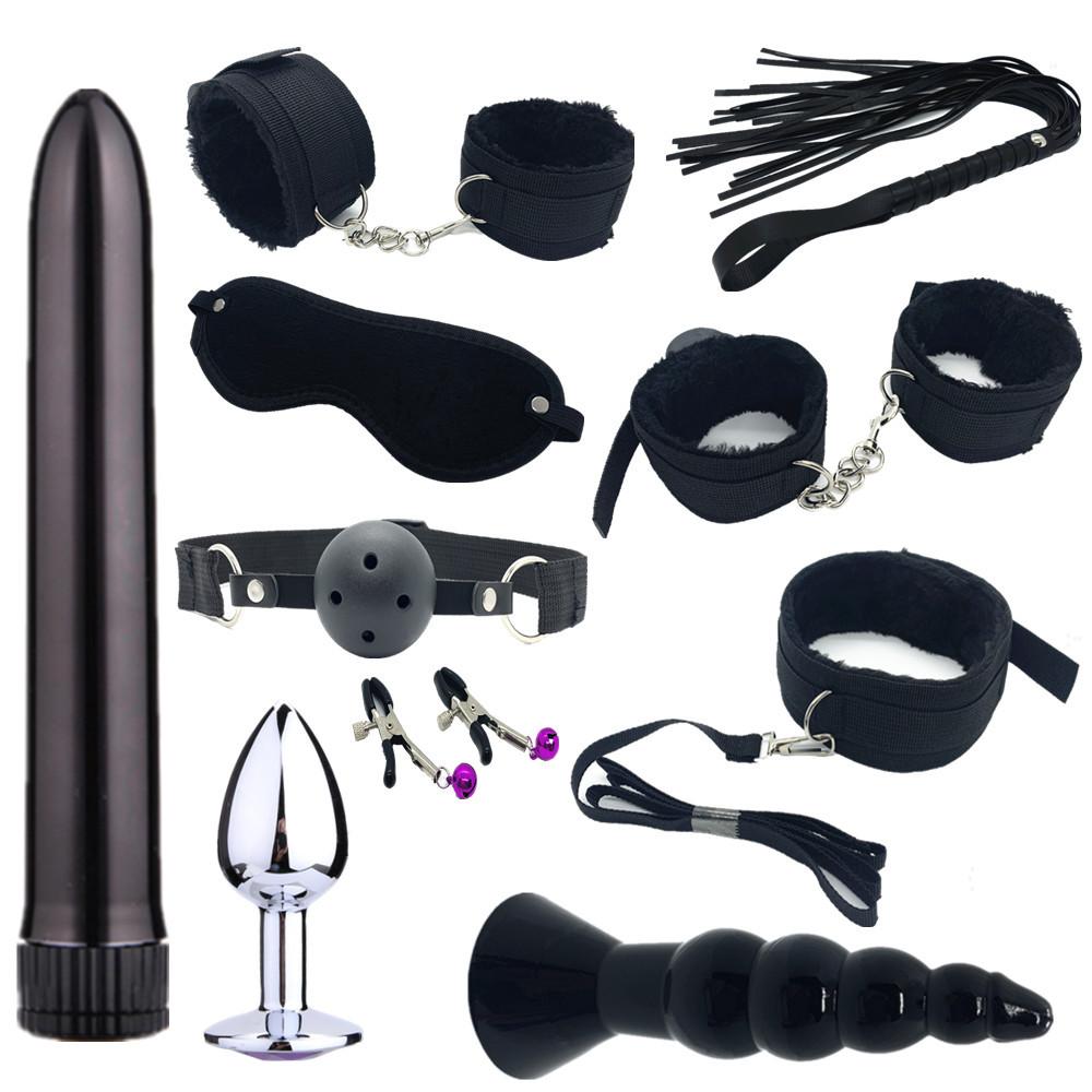 Sexy Nylon BDSM Kit Plush Sex Bondage Set Handcuffs Sex Game Whip Gag Nipple Clip Sex Toy