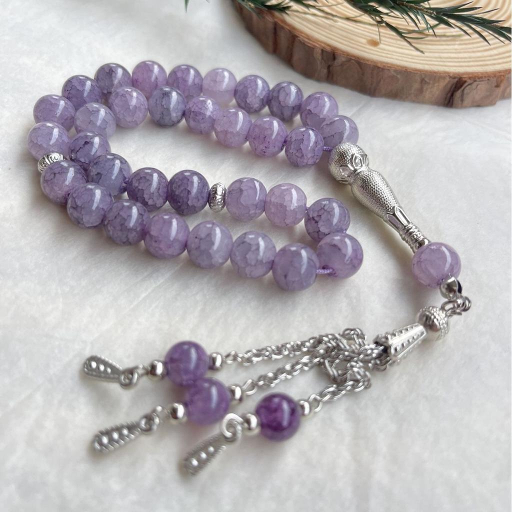 33 Beads 10mm Dragon Vein Stone Tasbih, Cracked Glass Prayer Beads for Ramadan Gift, Islamic Fashion Accessory