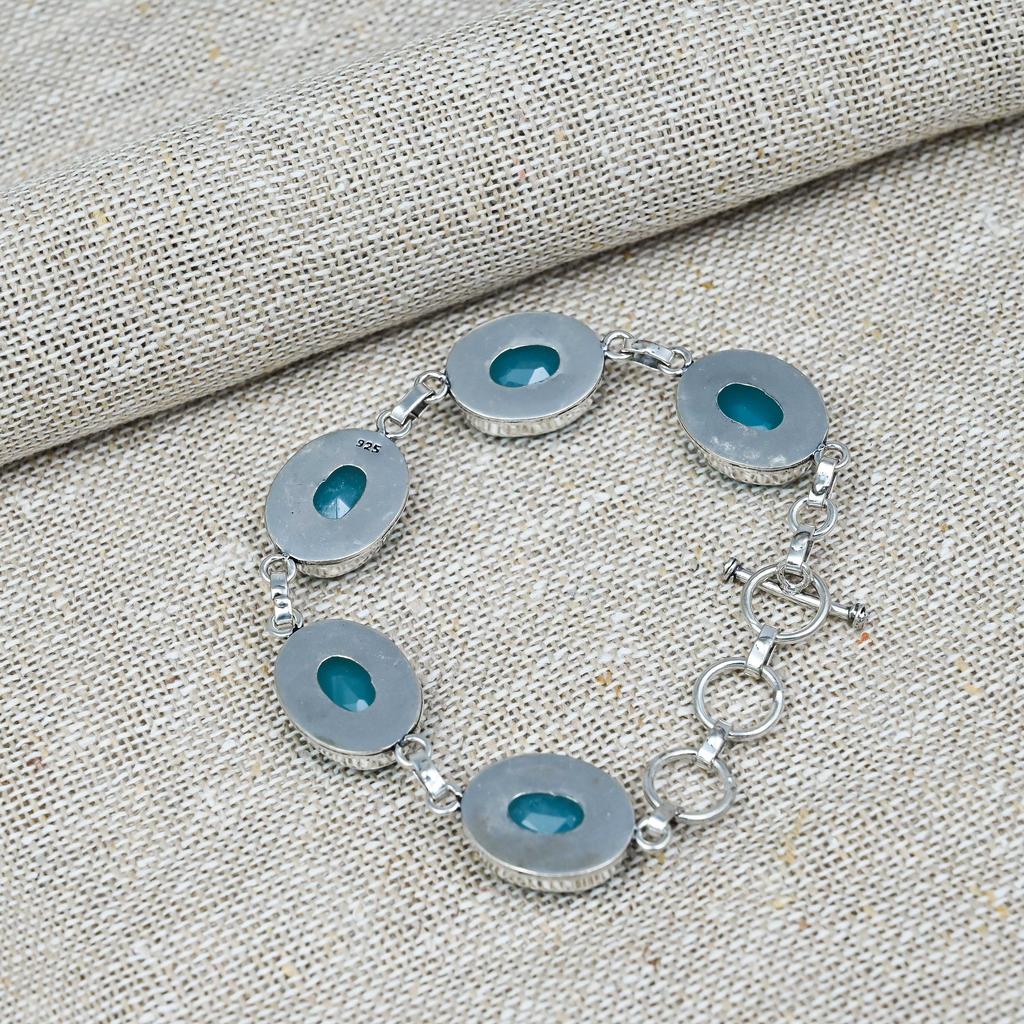 Blue Chalcedony Bracelet 925 Sterling Silver Handmade Lab-Created Jewelry For Anniversary Gift
