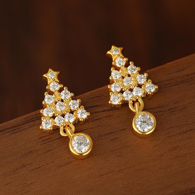 Boucles d'oreilles puces de luxe Arbre de Noël et Étoile en Argent Sterling S925 - Cadeau Exquis Style Mori pour Femmes