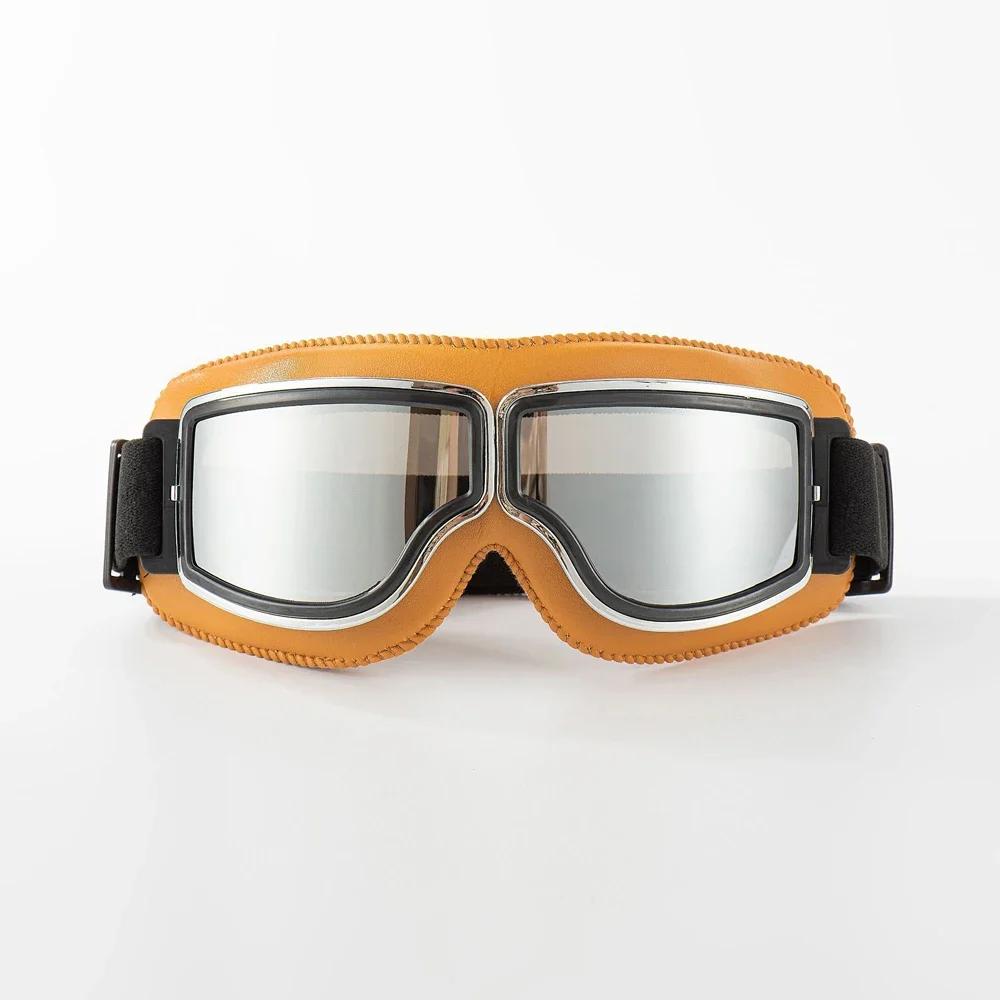 Vintage Pilot Motorcycle Goggles UV400 Windproof Scratch Resistant PC Lens with Leather Trim for Open Face Helmet