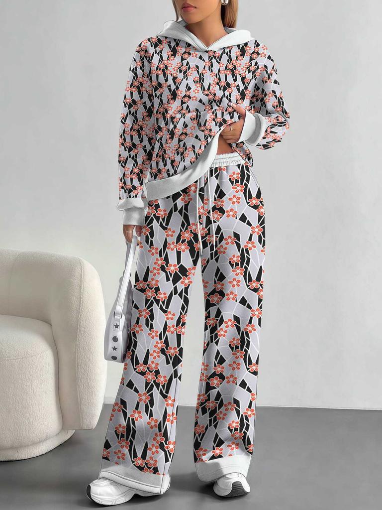European, American Autumn And Winter Blue Splicing Flower Casual Long-Sleeved Suit Women'S Hooded Sweater Trousers Two-Piece Set