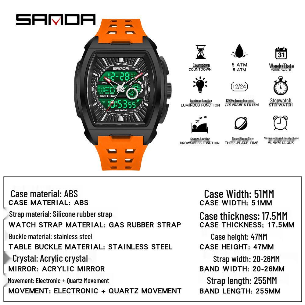 Sanda Teen Countdown Multifunktionale Wasserdichte Fassförmige Armbanduhr mit Wecker & Leuchtendem Zifferblatt