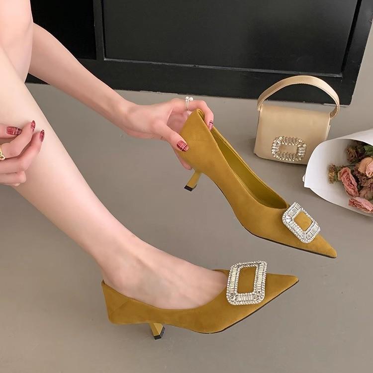 

2024 Элегантные серые туфли-стилеты со стразами: Туфли-лодочки с острым носком для весны и осени 35