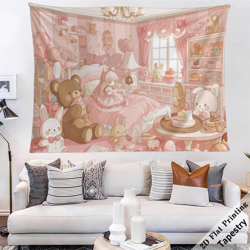 Lolita Girls' Bedroom Cartoon Tapestry Pink Lolita Fairy Tale Style Printed Hanging Cloth Room Decoration