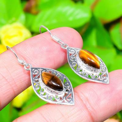 Natural Tiger Eye Gemstone Handmade 925 Sterling Silver Earring 1.73" P1P23