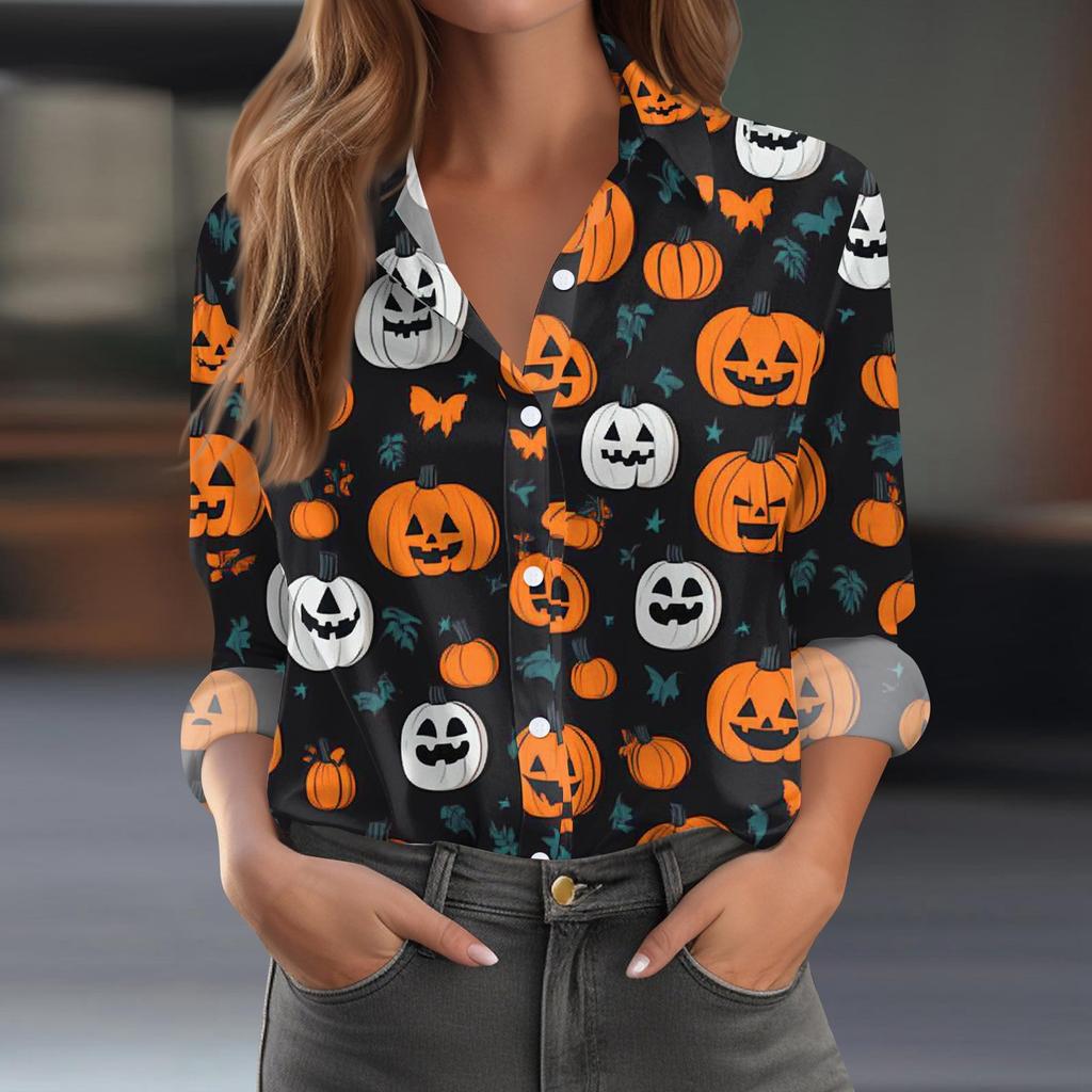 Damen Hemd Bluse Halloween Print Knopf Langarm Lässig Basic Hemdkragen Regulär Top