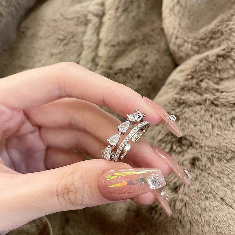 Luxury Zircon Water Drop Open Rings For Women Girl Exquisite Double-Layered Adjustable Finger Ring Wedding Jewelry Gift