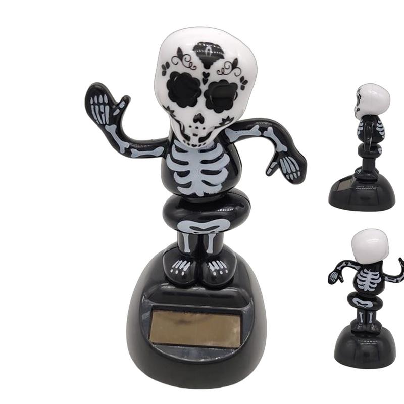 Creative Skeleton Skull Car Ornament Decoration Solar Energy Bobble Head Halloween Props Toys Car Interior Dashboard Decor