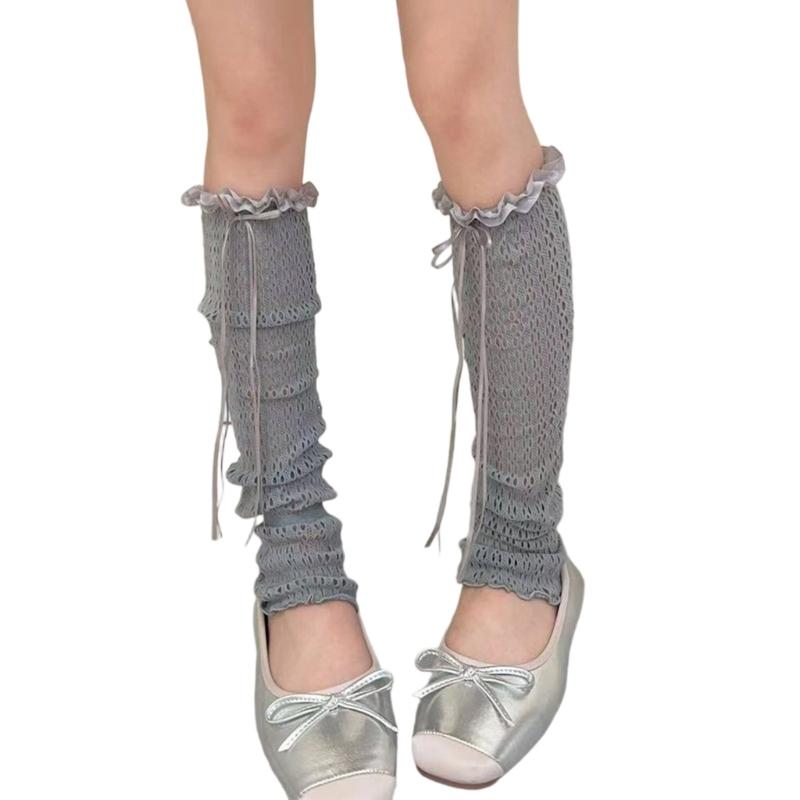 Hollowout Fishnet Lace Leg Warmers Arm Sleeves for Women Aesthetic Sheer Mesh Leg Covers with Ruffle Trim and Bowknot