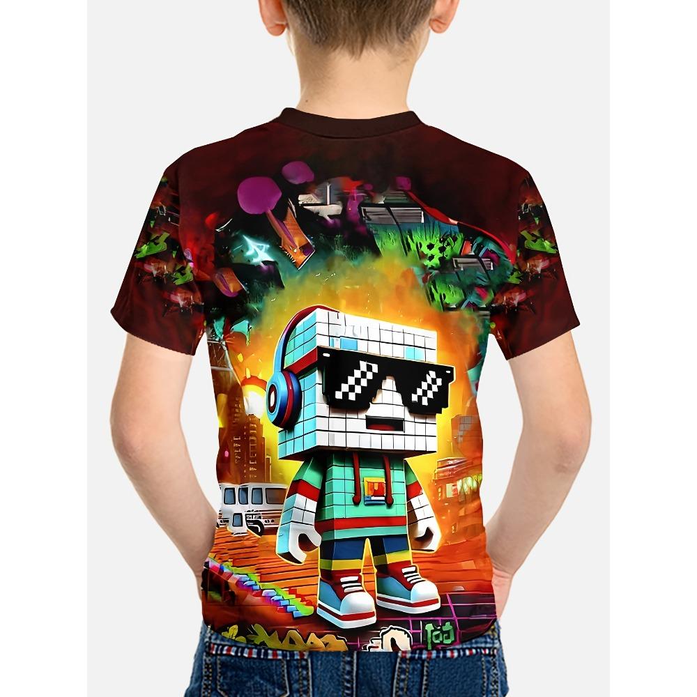 T-shirt z wzorem pikselowego robota - Nadruk cyfrowy 3D na całe ciało, Wzór gry, Oddychający letni top z krótkim rękawem do noszenia na co dzień