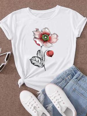 (Asian Size) Women Tee Top Clothing Flower Watercolor Style Trend 90s Casual Short Sleeve T Shirt Fashion Print Lady Female Graphic T-shirts