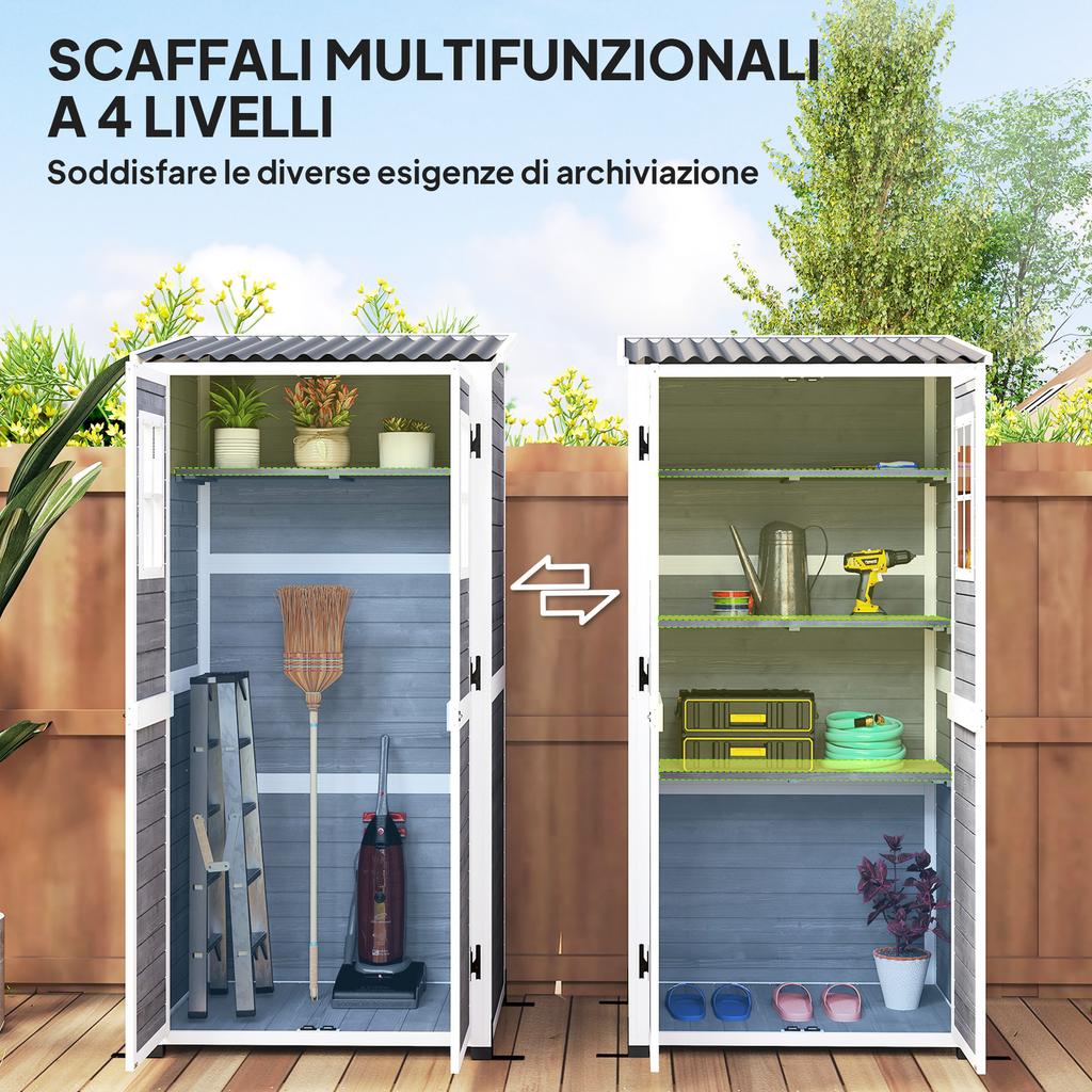Wooden Garden House with Adjustable Shelves, Two Doors with Lock and Windows, Grey