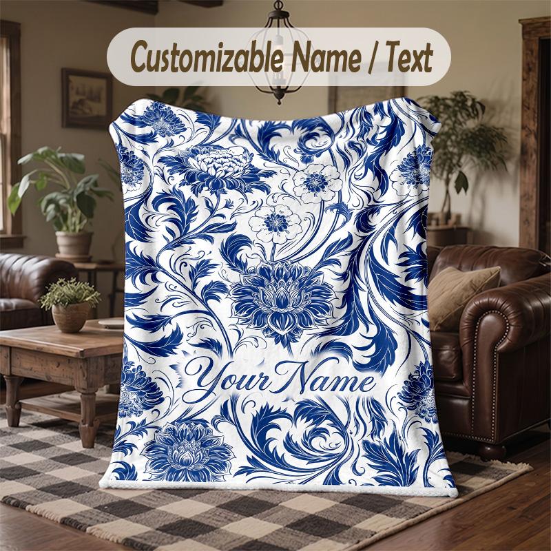 Blue White Floral 1 Theme Throw Blanket Custom Name Text Personalized Blanket Soft Cozy Blanket for Home Sofa Bed