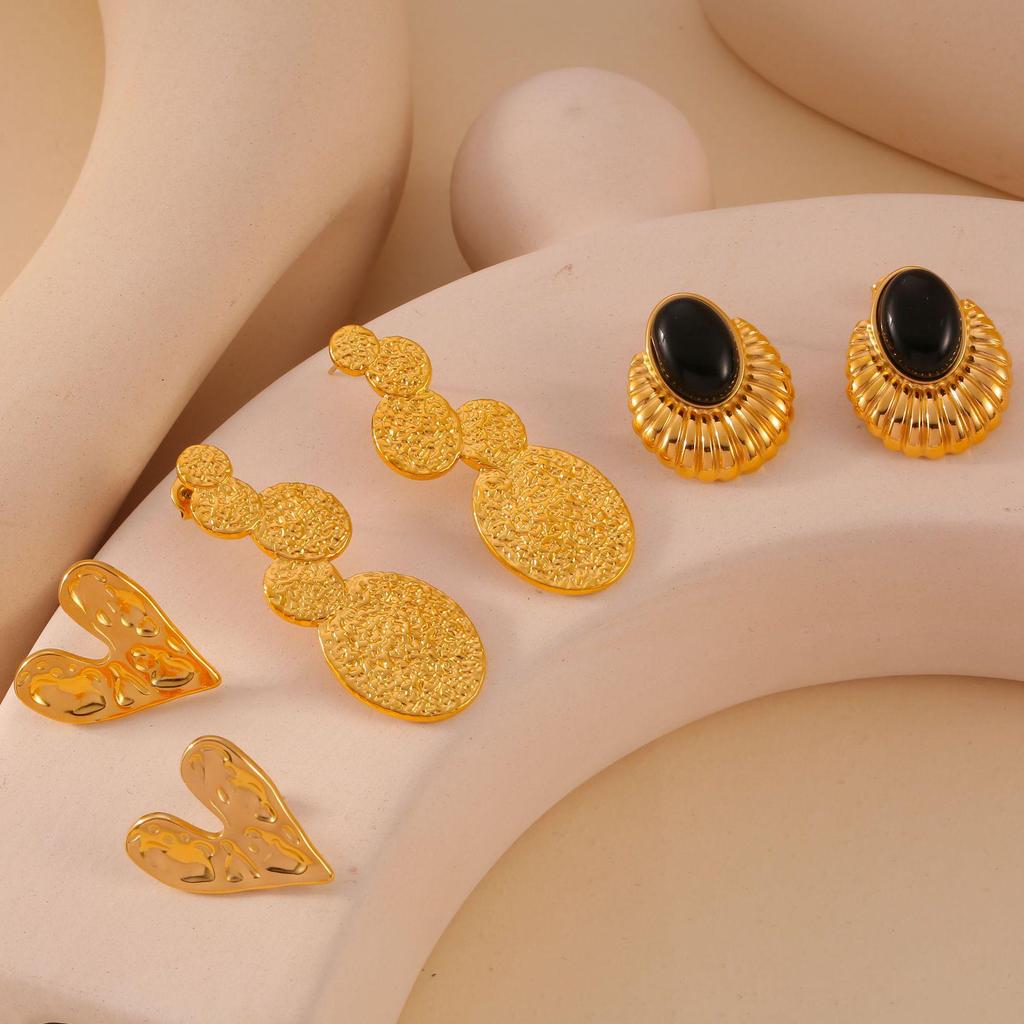Retro Textured Splicing Earrings: Black Agate, Titanium Steel, Hypoallergenic European & American Fashion for Women