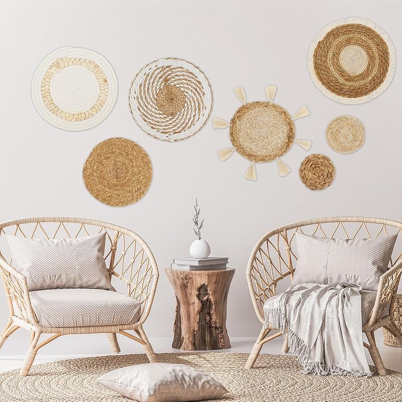 PieJoFpy 7 Pack Boho Wall Art - Seagrass Rattan Wicker Hanging Baskets, Round Flat Wall Decor