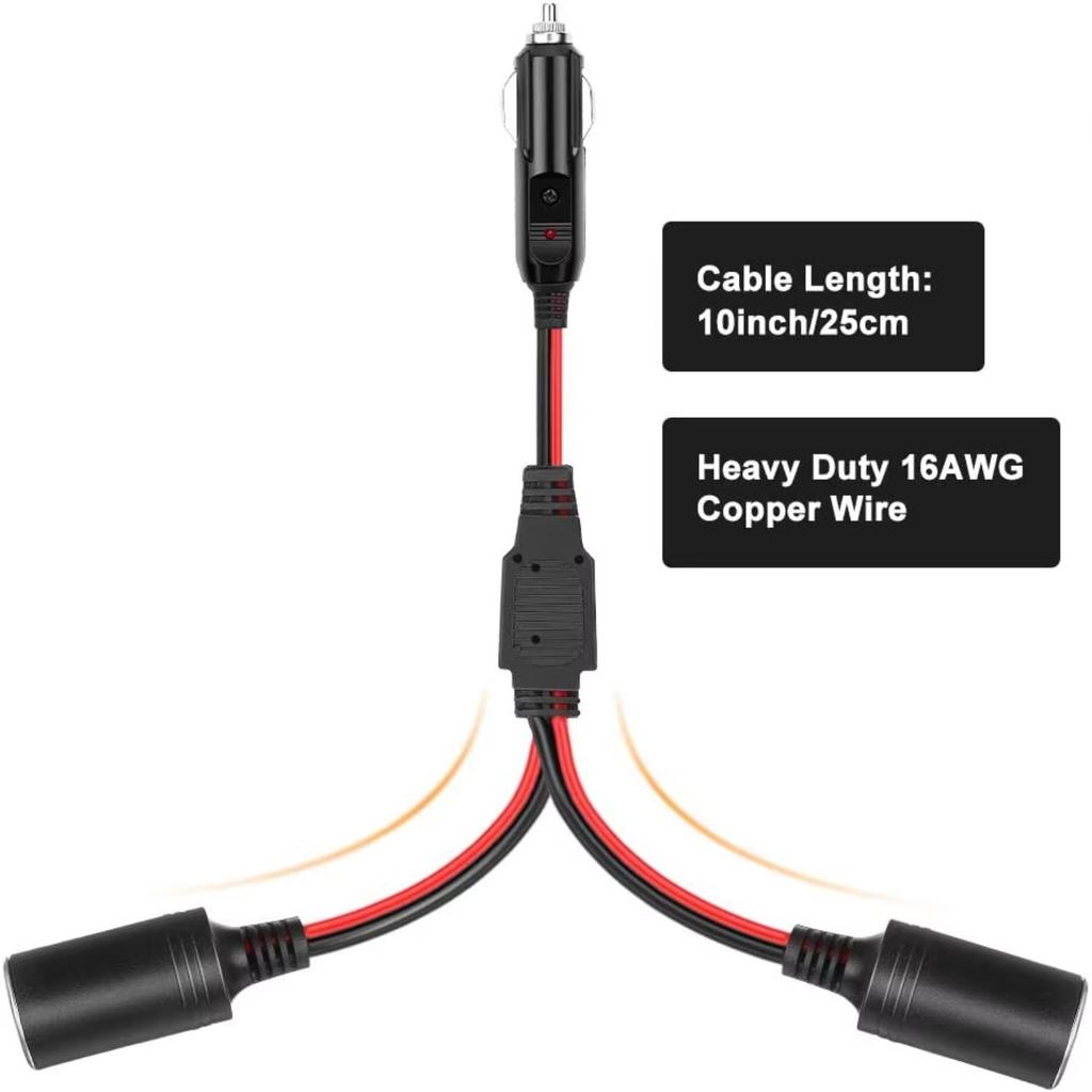 Extractme Car Cigarette Lighter Splitter Adapter Power Charger Port 16AWG 12/24V Plug Socket 2-Way Splitter with 15A Fuse