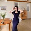 Navy Blue Retro Slim Fit Midi Dress - Summer 2025 Collection