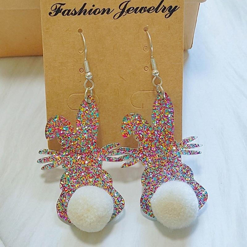 Acrylic Rabbit Plush Ball Drop Earrings Colorful Sequins Charm Earrings Jewelry