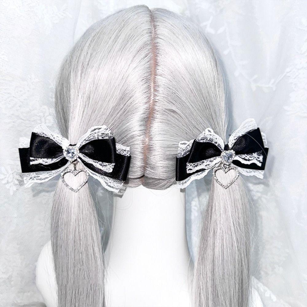 1/2Pc Heart Pendant Lace Bow Hair Clips Y2k Style Ponytail Hairpins Kawaii Gothic Hair Clips Anime