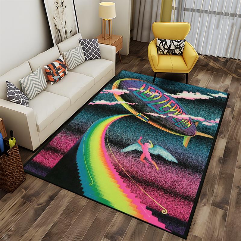 Led Zeppelin Blimp with Angel & Rainbow Design Non-slip rug suitable for living room and bedroom sofas.