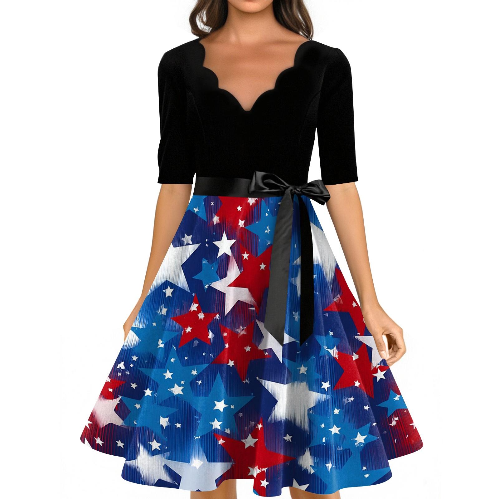Women’s Casual Fashion Independence Day Printed V-Neck Retro Short-Sleeve Dress XXL тёмно-синий