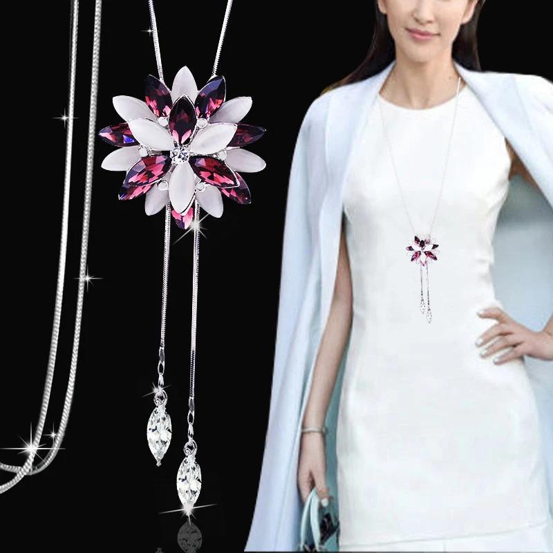 Snowflake Zircon Long Chain for Women Fashion Silver Color Crystal Maxi Necklaces & Pendants Statement Collier Jewelry