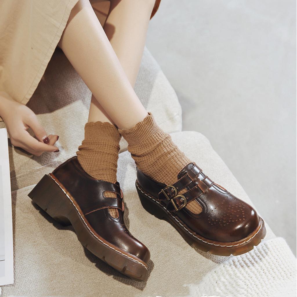 Fashion Vintage Block Women's Shoes Thick Sole Sen Women's Japanese Mary Jane Single Shoes Cute Big Head JK Small Leather Shoes