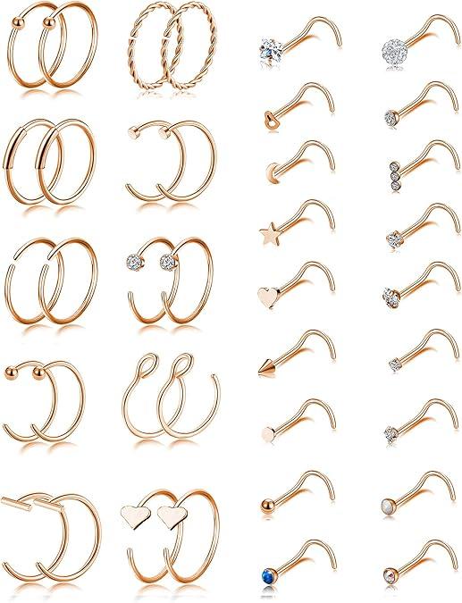 20G 38Pcs Stainless Steel Screw Shaped Nose Studs Nose Rings CZ Hoop Tragus Cartilage Nose Ring Labret Nose Piercing Jewelry