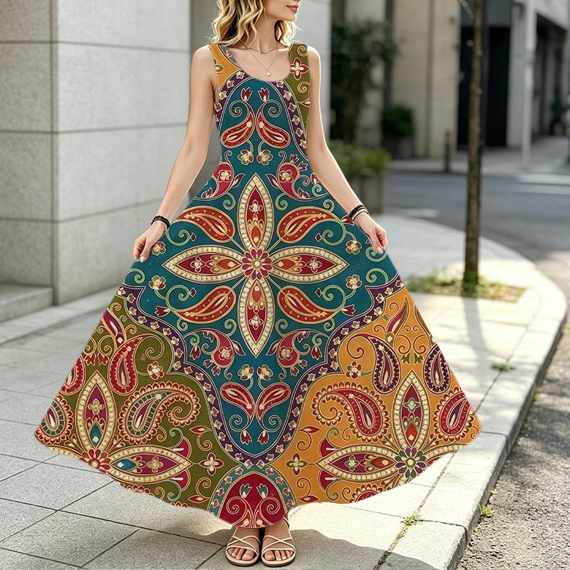 Women's Casual Sleeveless Paisley Print Maxi Dress,Loose Fit Vintage Multicolor,Comfortable for Daily Beach & Casual Outings,Versatile Stylish Wear