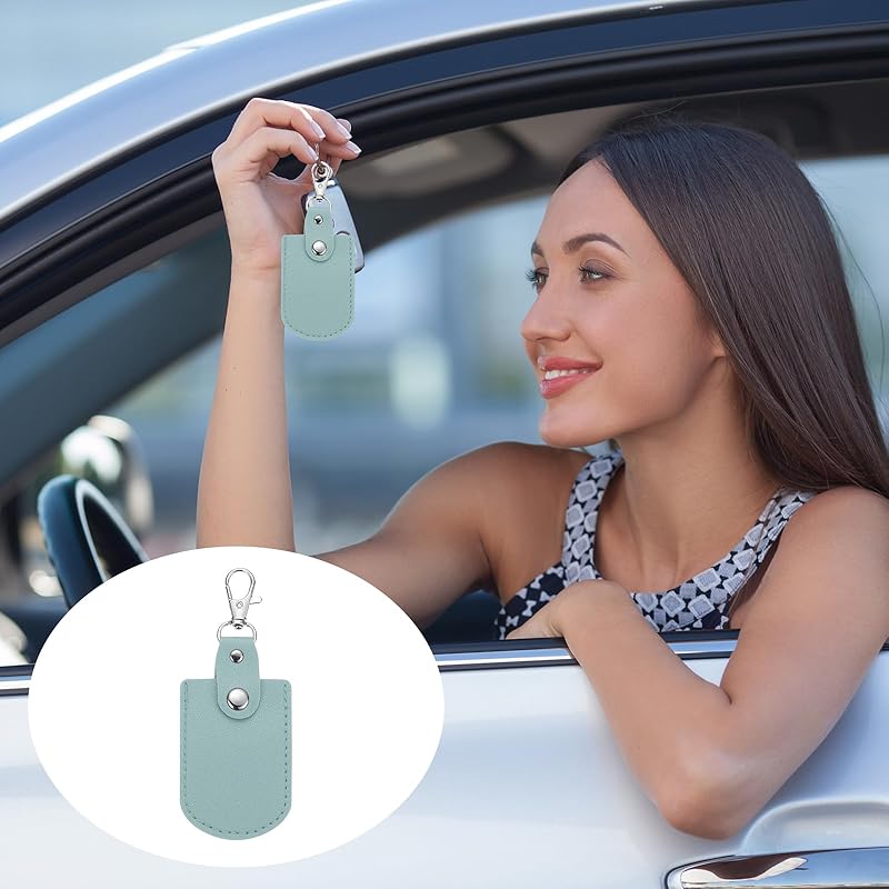 [PATIKIL] leather key fob leather keychain 4 pcs keyrings DIY key chain holder home off for car key ID key card air tag blue