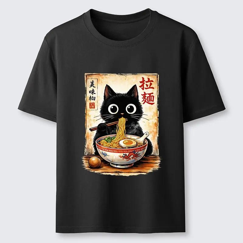 

Cute Cat Slurping Ramen T-Shirt Men s and Women s 2026 New Summer Cotton Clothing Harajuku Fashion Round Neck Short Sleeve To... S разноцветный