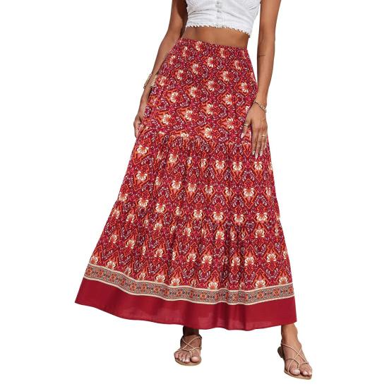 Beach Skirt Elastic High Waisted Skirt Ruffle Splicing A-Line Women Pleated Large Hem Floral Print Maxi