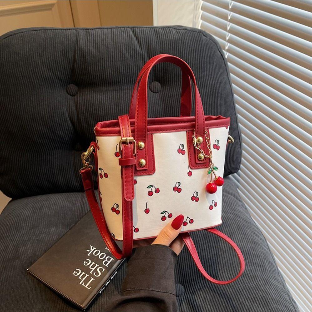 Large Capacity Bucket Shoulder Bag Korean Style Square Tote Bag Cherry Crossbody Bag Ladies/Girls