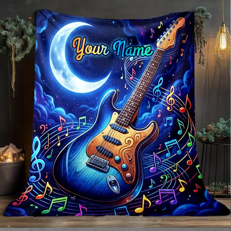 1PC Custom Name "Night Sky Guitar Melody" flannel blanket versatile,all-season throw suitable for the living room,bedroom,camping,travel,and gift