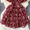 Summer Lace Hook Flower Embroidered Bubble Sleeve Dress for Womenfashion Slim Waist Dress Female A-line Cake Party Retro Dress