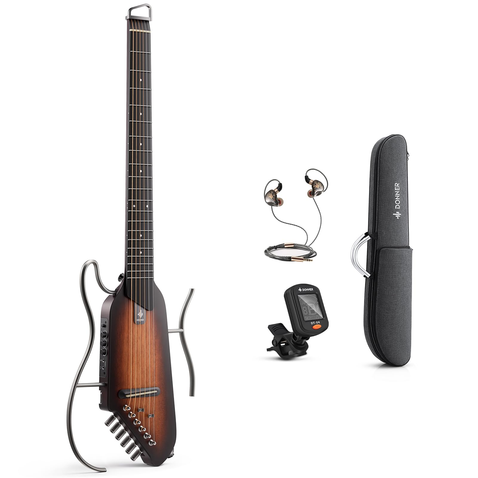 Donner Travel Headless with Mahogany Mini Portable Ergonomic Quiet Detachable Soft Tuner HUSH I Guitar, Guitar, Earphones, Body, Guitar, Guitar, Neck,