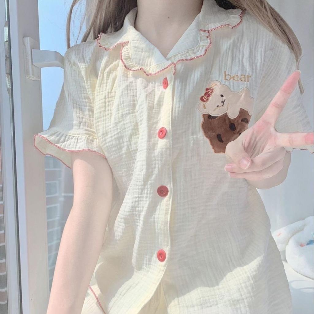 Sweet Princess Style Bear Pajamas Women's Summer Cardigan Lace Short-sleeved Shorts Set Casual Lazy Style Loungewear
