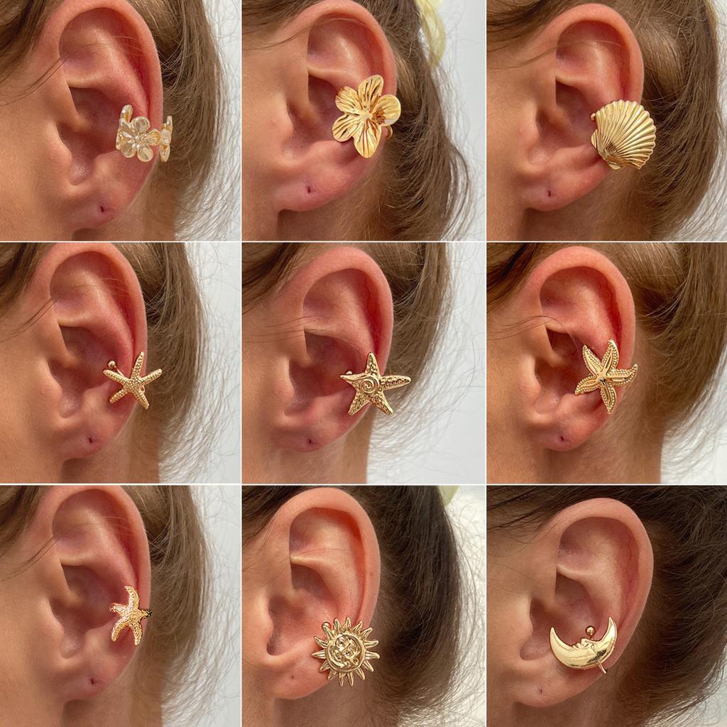 Holiday Wind Starfish Shell C-Shaped Earrings Simple Metal Flower Moon Earrings