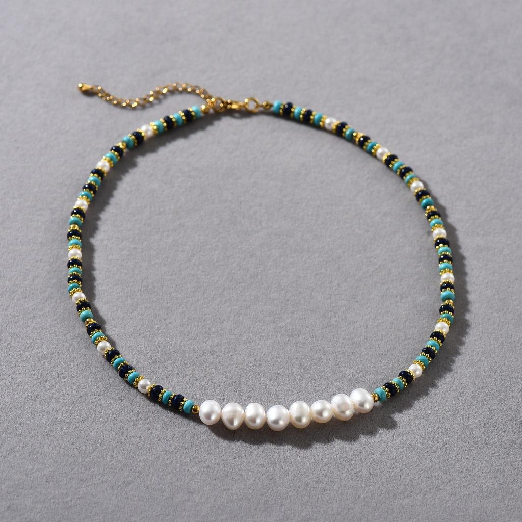 Summer Fresh And Elegant Turquoise Blue Turquoise Beaded Freshwater Pearl Collarbone Chain Niche Temperament Necklace Women