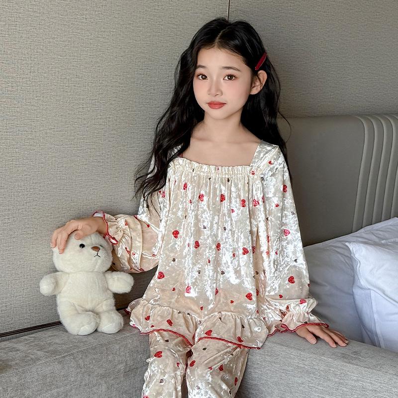 

Black Floral Golden Velvet Pajama Set for Girls - New Spring/Autumn 2025 120 cm