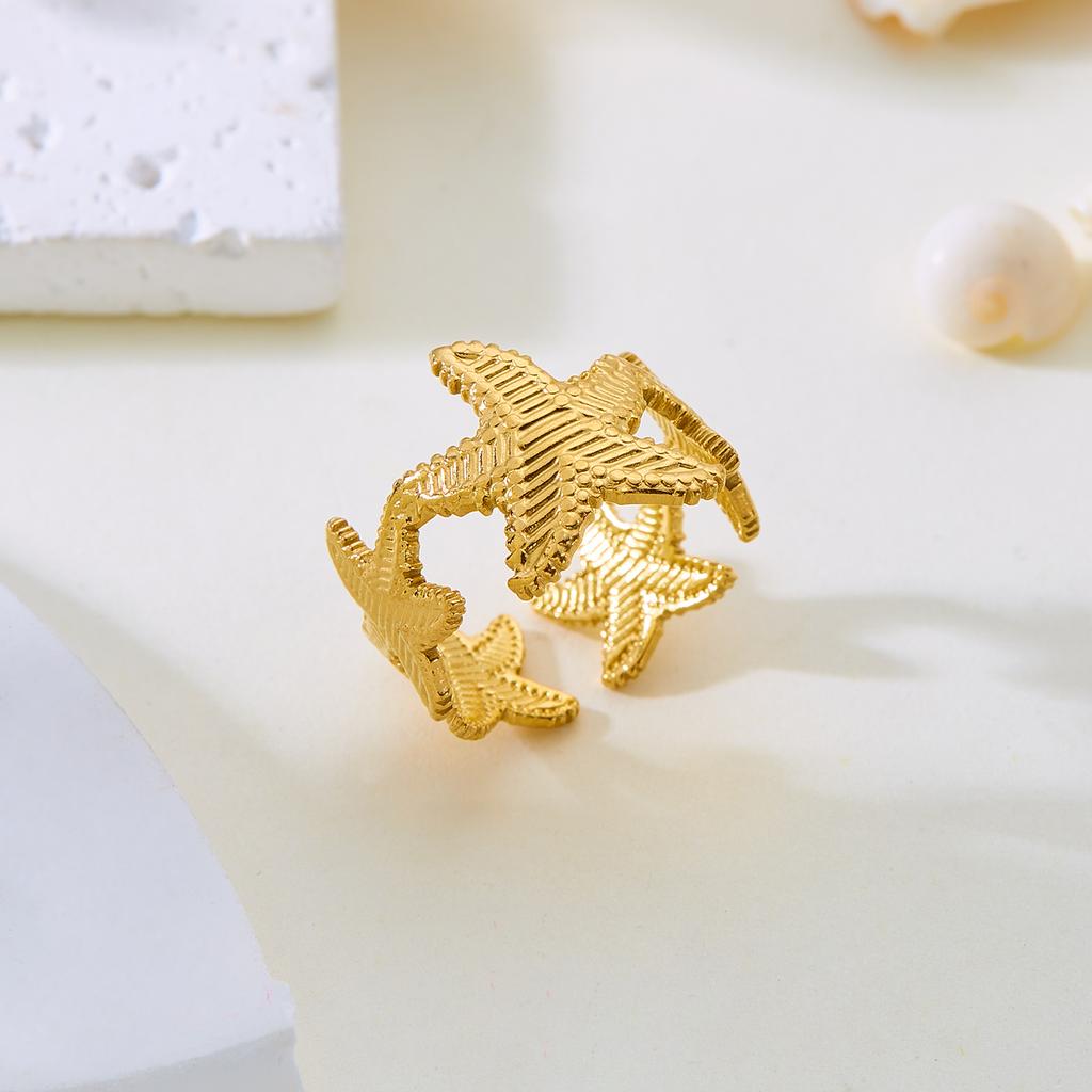 Edelstahl Schale Seestern Ringe Für Frauen Männer Vintage Goldfarbe Blume Geometrisch Verstellbarer Ring Sommer Strand Schmuck Geschenk