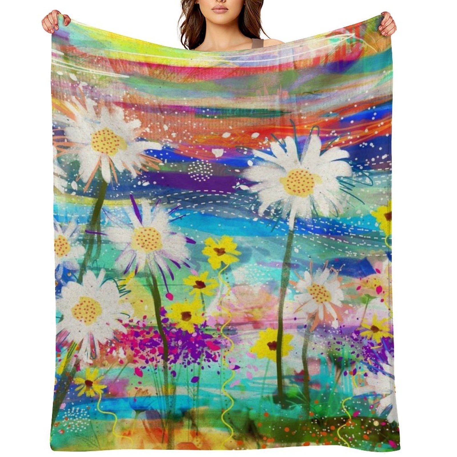 Vibrant Colorful Daisies Floral Art Bright Spring Flower Design Throw Blanket Luxury Throw decorative Shaggy Thins Blankets 30x40in