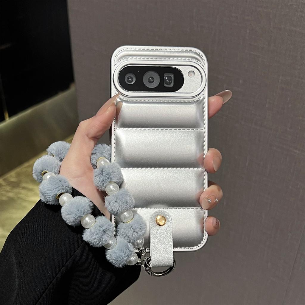 Down Jacket Pearl Hairball Wrist Strap Phone Case for Google Pixel 10 Pro XL 9 9A 8 7 7A 6 6A 5A 5 Protective Soft TPU Cover