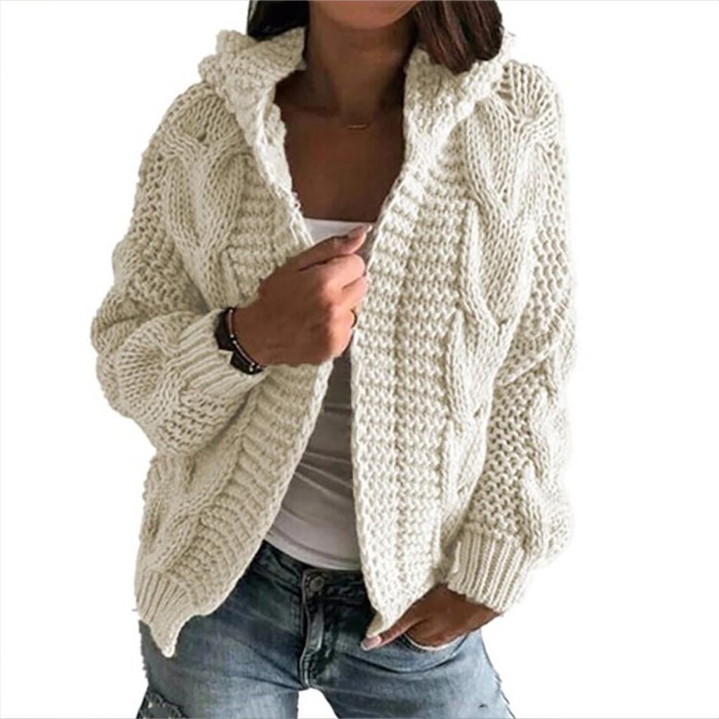 Women's Autmn And Winter Hooded Jacket Solid Color Knitted Cardigan Sweater